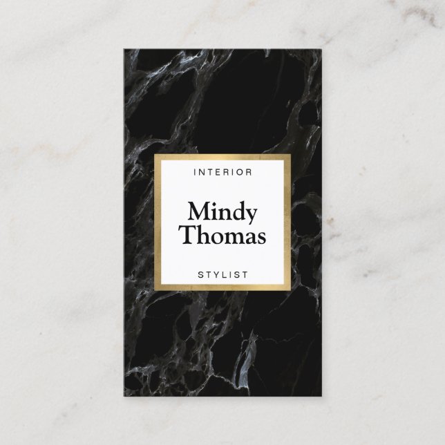 Modern Black Marble Faux Gold Frame Business Card (Front)
