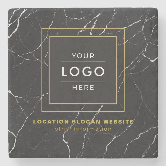 Modern Black Marble Gold Frame Business Logo Stone Coaster (Front)