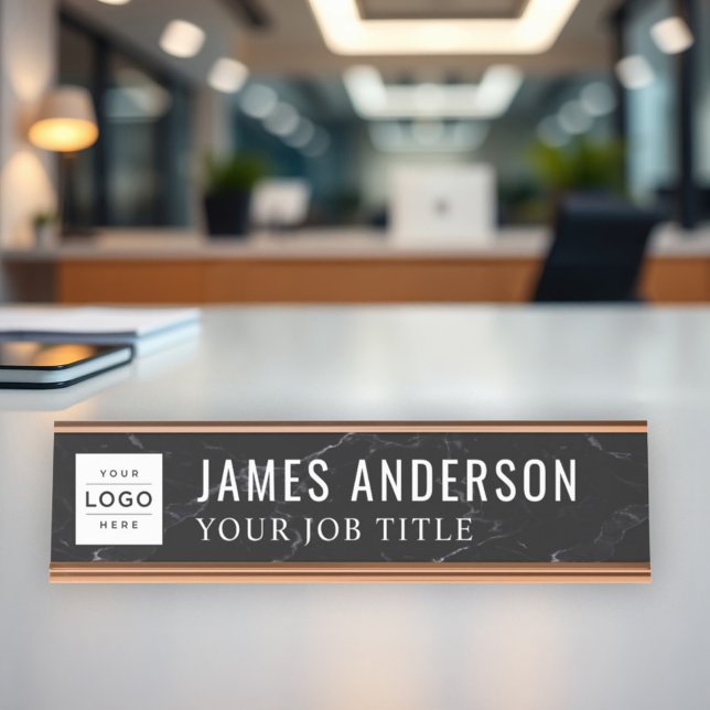 Modern Black Marble Personalised Business Logo Desk Name Plate (Creator Uploaded)