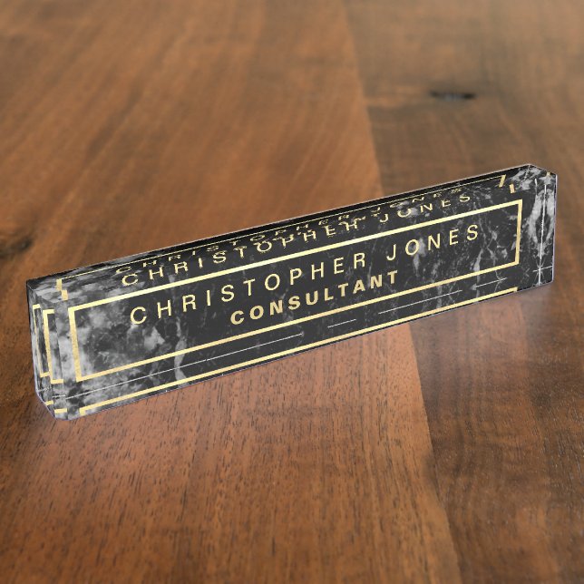 Modern Black Marble Stone Look Gold Title Nameplate (Side)