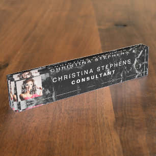 Modern Black Marble Stone Pattern Photo Nameplate