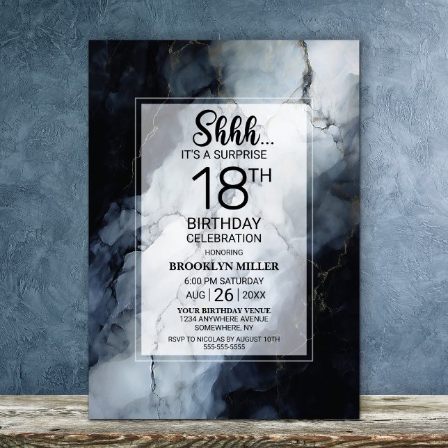 Modern Black Marble Surprise 18th Birthday Party Invitation (Creator Uploaded)