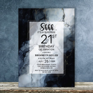 Modern Black Marble Surprise 21st Birthday Party Invitation