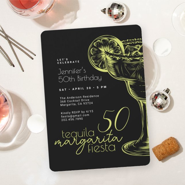 Modern Black Margarita Fiesta 50th Birthday Party Invitation (Creator Uploaded)