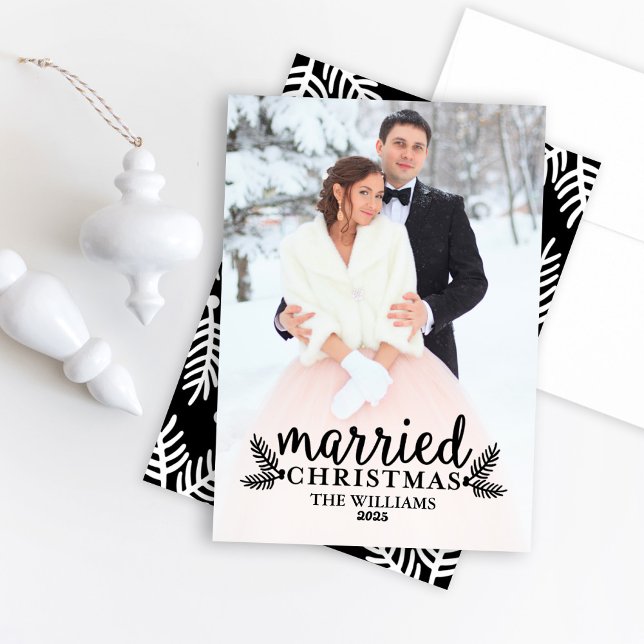 Modern Black Married Christmas Wedding Photo Holiday Card (Creator Uploaded)