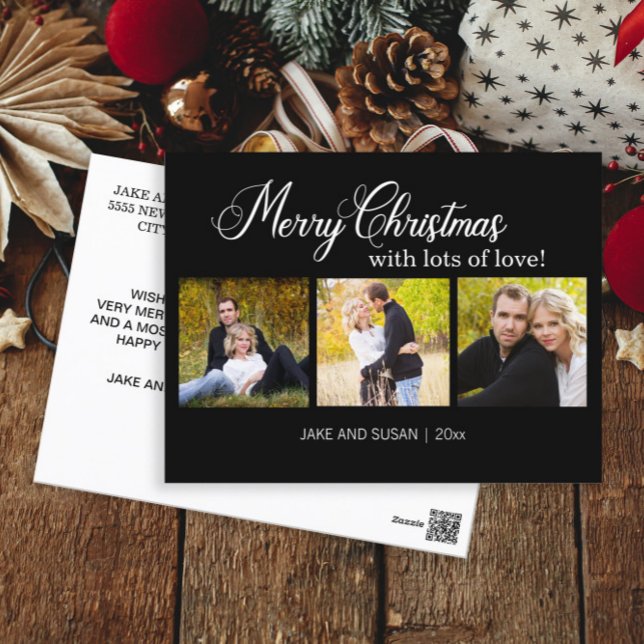 Modern Black Merry Christmas Love Year 3 Photo Holiday Postcard (3-photo "Merry Christmas with Lots of Love" newlywed postcard)