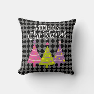 Modern Black Merry Christmas Pink Trees Cushion