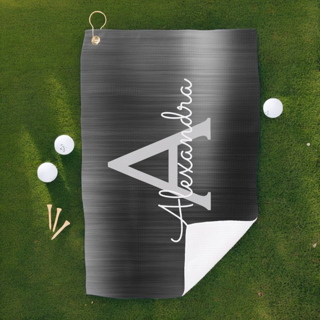 Modern Black Metallic Foil Monogram Name Golf Towel (Creator Uploaded)