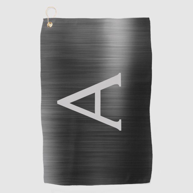 Modern Black Metallic Foil Monogram Name Golf Towel (Front)