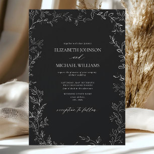 Modern Black Minimal Leaf Wedding Invitation