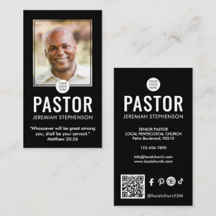 Modern Black Minimal Photo QR Logo Church Pastor Business Card