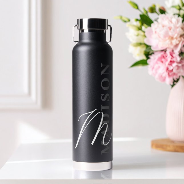 Modern Black Minimalist Initial Monogram Water Bottle (Creator Uploaded)