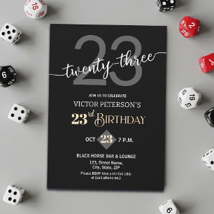 Modern Black Minimalist Men 23rd Birthday Party Invitation