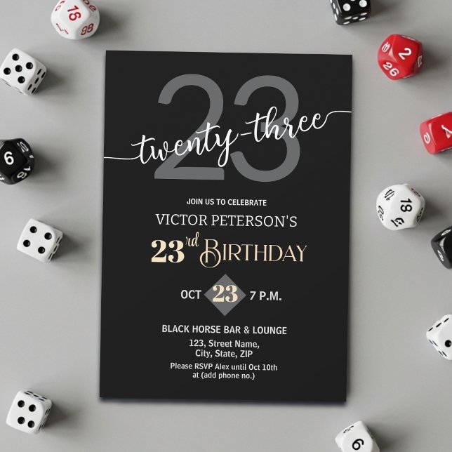 Modern Black Minimalist Men 23rd Birthday Party Invitation (Creator Uploaded)