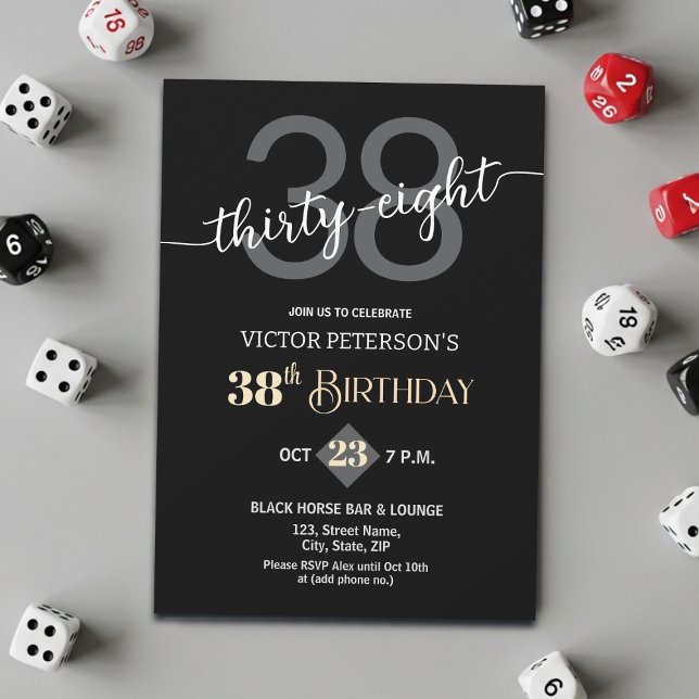 Modern Black Minimalist Men 38th Birthday Party Invitation (Creator Uploaded)