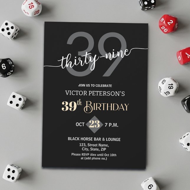 Modern Black Minimalist Men 39th Birthday Party Invitation (Creator Uploaded)
