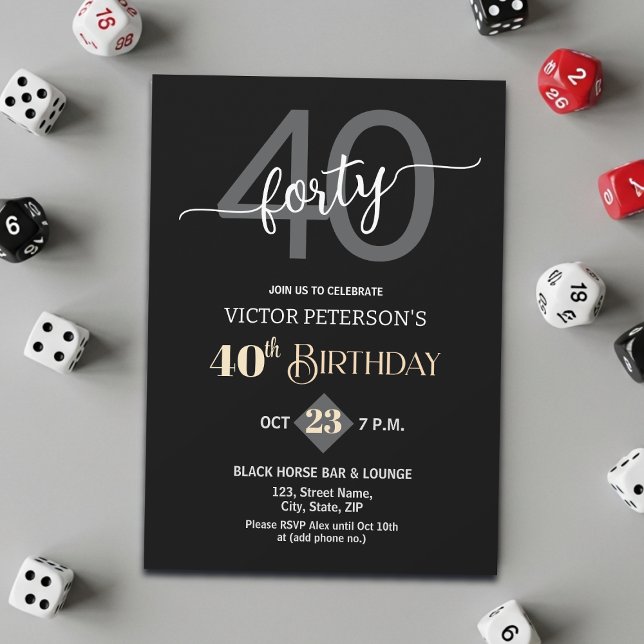 Modern Black Minimalist Men 40th Birthday Party Invitation (Creator Uploaded)