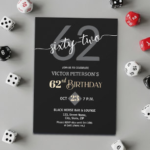 Modern Black Minimalist Men 62nd Birthday Party Invitation