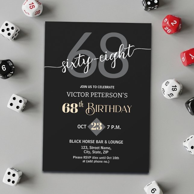 Modern Black Minimalist Men 68th Birthday Party Invitation (Creator Uploaded)