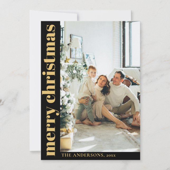 Modern Black Minimalist Merry Christmas Photo Holiday Card (Front)