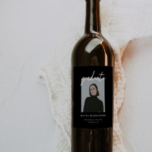 Modern Black Minimalistic Script Graduation Photo Wine Label