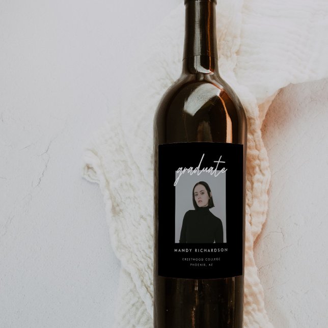 Modern Black Minimalistic Script Graduation Photo Wine Label (Creator Uploaded)