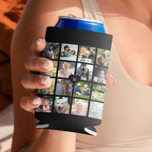 Modern black monogram 16 photo collage can cooler