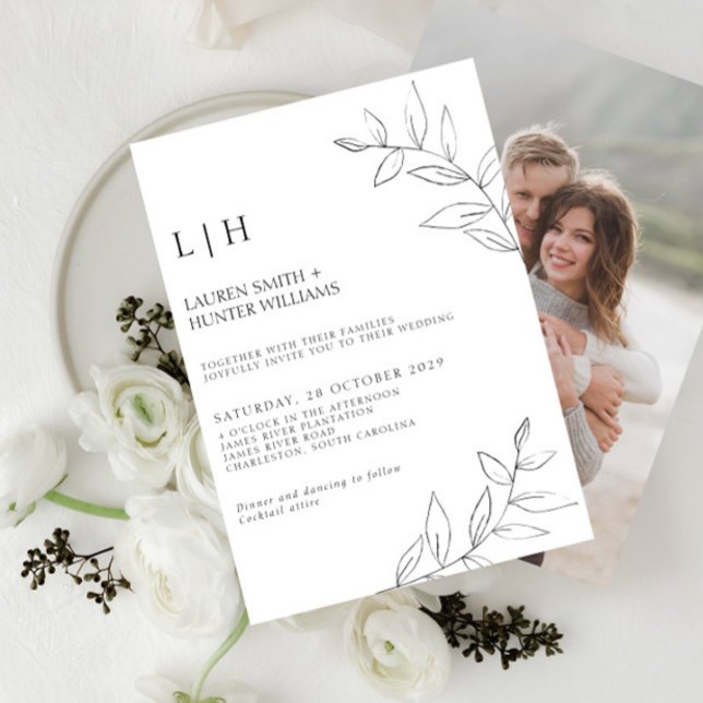 Modern Black Monogram Botanical Photo Wedding Invi Invitation (Creator Uploaded)