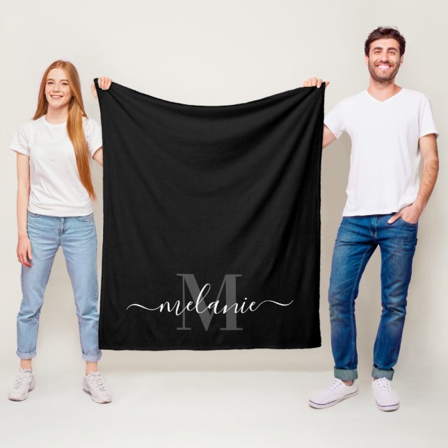 Modern Black Monogram Calligraphy Fleece Blanket (In Situ)