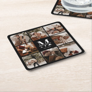 Modern Black Monogram Initial Family Name & Photo Square Paper Coaster