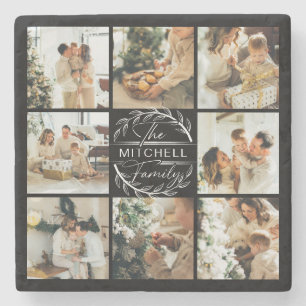 Modern Black Monogram Initial Family Name &  Photo Stone Coaster