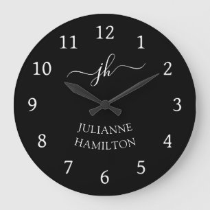Modern Black Monogram Name Large Clock