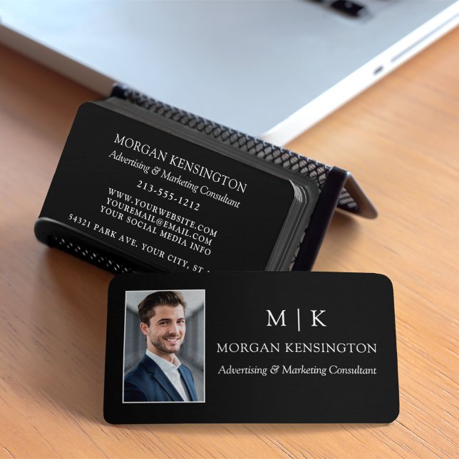 Modern Black Monogram or Add Logo Photo Business Card (Edit to Customize text, colors and more)