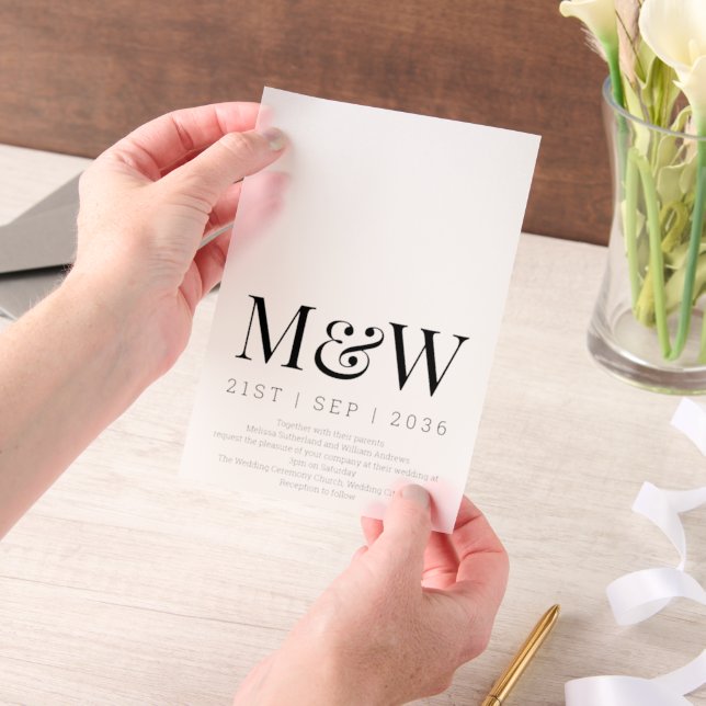 Modern Black Monogram Overlay Wedding Vellum Invitations (Handheld)