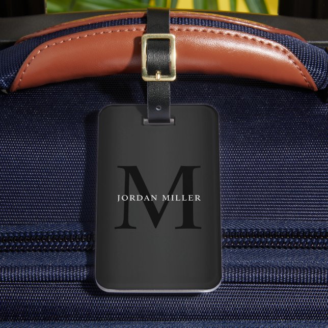 Modern Black Monogram Personalised Luggage Tag (Front Insitu 2)