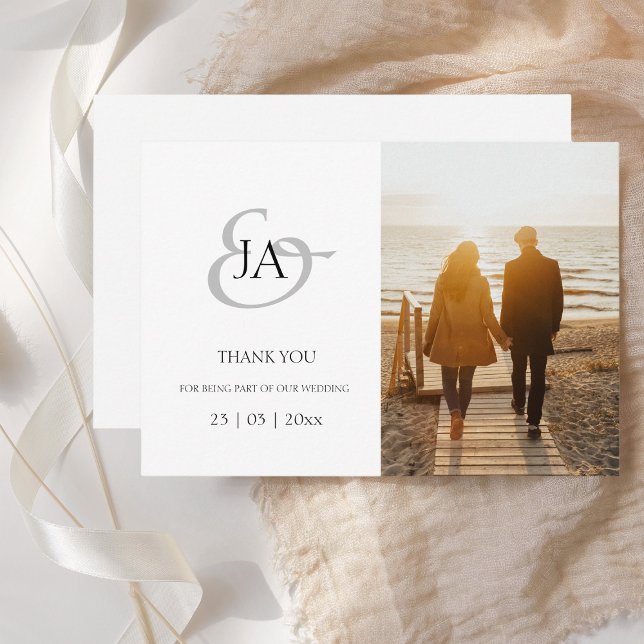 Modern Black Monogram Photo Wedding Thank You (Creator Uploaded)