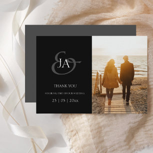 Modern Black Monogram Photo Wedding Thank You