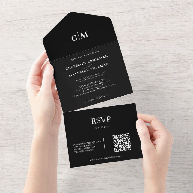 Modern Black  Monogram QR Code RSVP  All In One Invitation (Tearaway)