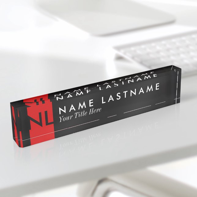 Modern Black Monogram Red Desk Nameplate (Creator Uploaded)