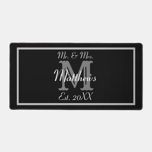 Modern Black Mr and Mrs Name Wedding Desk Mat (Front)
