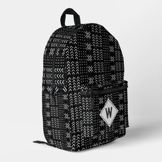 Modern Black Mudcloth African Monogram School Printed Backpack (Back Corner Left)