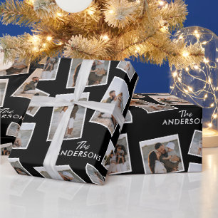 Modern Black Multi Photo Family Collage Wrapping Paper
