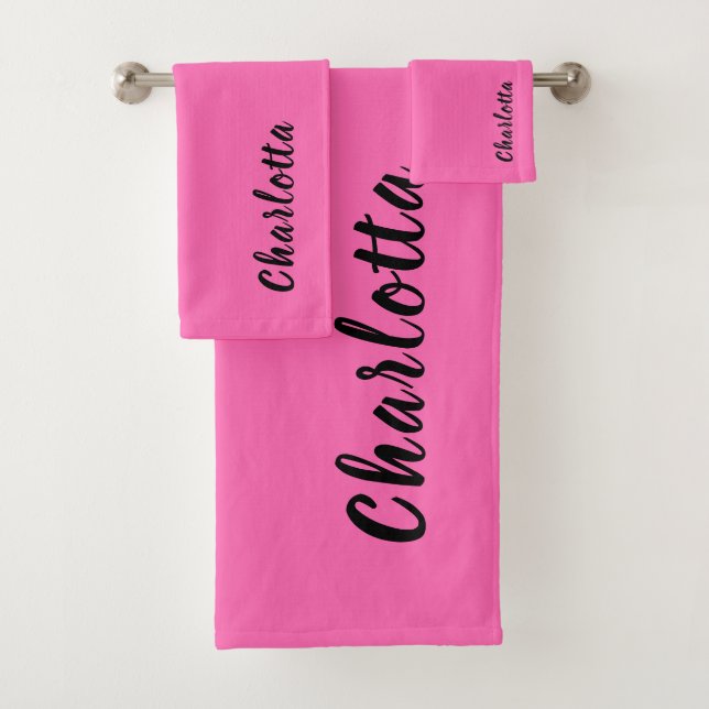 Modern Black Name | Neon Hot Pink Colour  Bath Towel Set (Insitu)