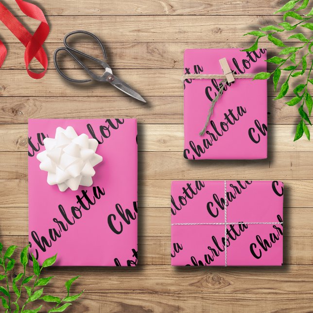 Modern Black Name | Neon Hot Pink Colour  Wrapping Paper Sheet (Creator Uploaded)