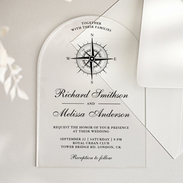 Modern Black Nautical Compass Wedding Acrylic Invitations (Creator Uploaded)