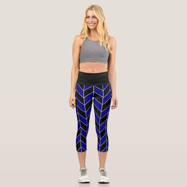 Modern Black Navy Blue Herringbone Chevron Pattern Capri Leggings