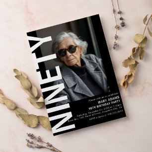 Modern Black NINETY Photo 90th Birthday Party Invitation