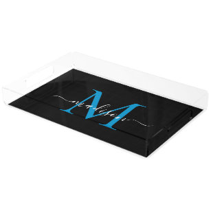 Modern Black Ocean Blue Monogram Script Elegant Acrylic Tray