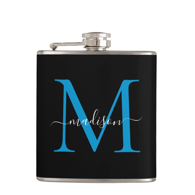 Modern Black Ocean Blue Monogram Script Name Hip Flask (Front)