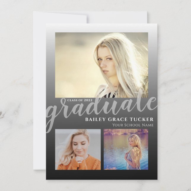 Modern Black Ombre Graduate 3-photo Graduation Announcement (Front)